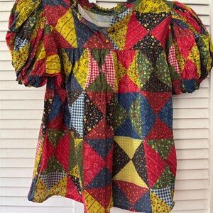 Doen Multicolor Patchwork Puff Sleeve Top